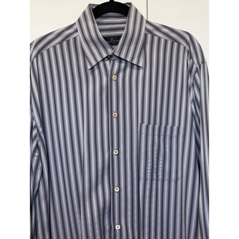Men's Bugatchi Shirt, L, Gray white stripe long sleeve button down EUC